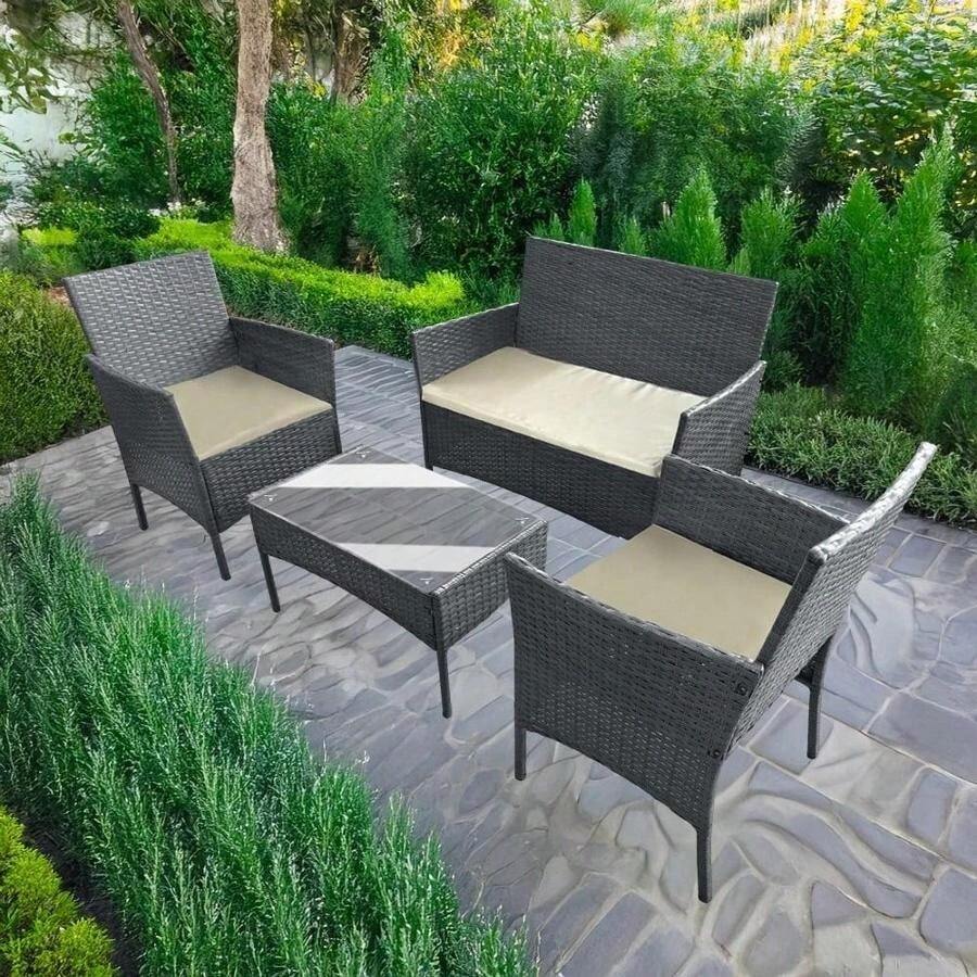 4 Seater Garden Rattan Furniture Table Chairs Sofa Wicker Outdoor Patio Set - Mixed Grey + Beige Cushions - View 1