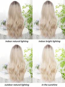 26 Inch Pink Gradient Gold Woven Synthetic Wig - Long Wavy Style Without Bangs; Made Of Heat-Resistant Material, Featuring Fluid Water Wave Texture - Perfect For Photography, Theme Parties, Music Festivals And Other Occasions - 挑染金色 - 查看 9
