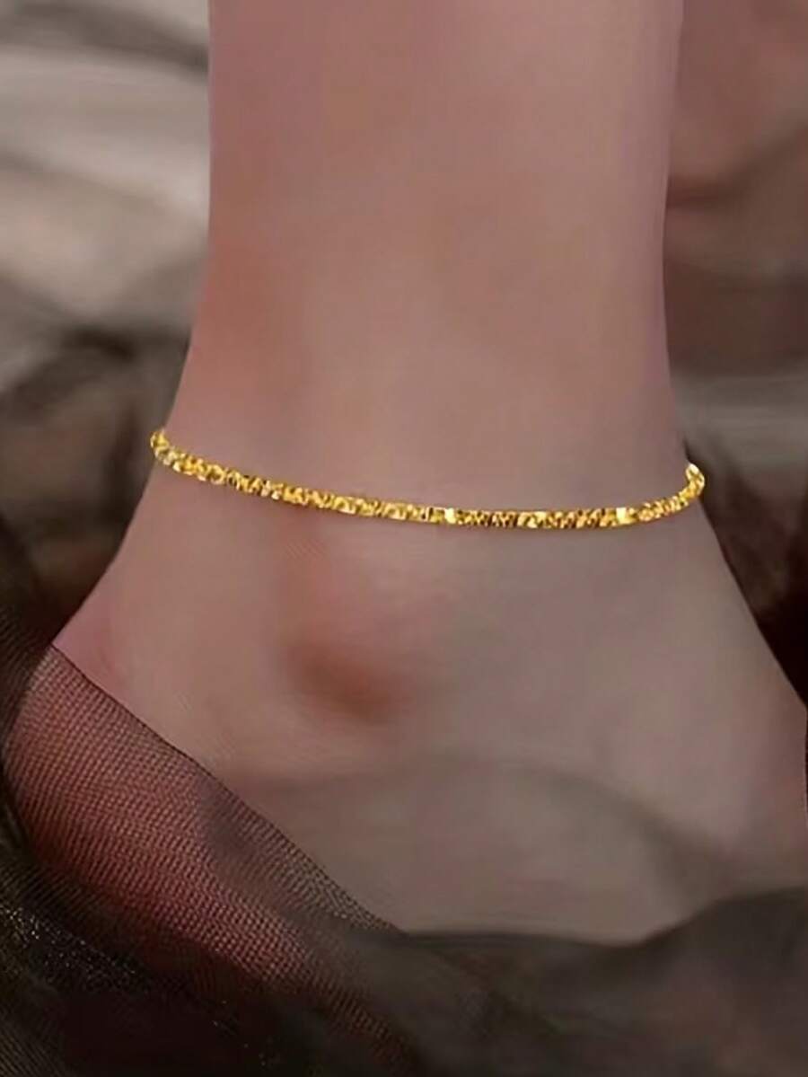1pc Minimalist Stainless Steel Chain Anklet, Suitable For Vacation & Beach - Golden Cauliflower Chain - View 1