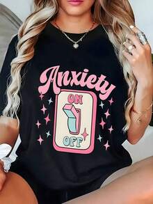 CottonVersatile Women's "Anxiety Switch" Print Crew Neck T-Shirt - Comfortable And Casual Top, Suitable For Beach, Party And Outdoor Use | Ideal As A Christmas Gift Or For Everyday Wear (Non-See-Through Design) New Arrival, Must-Have. - 黑色 - 查看 1