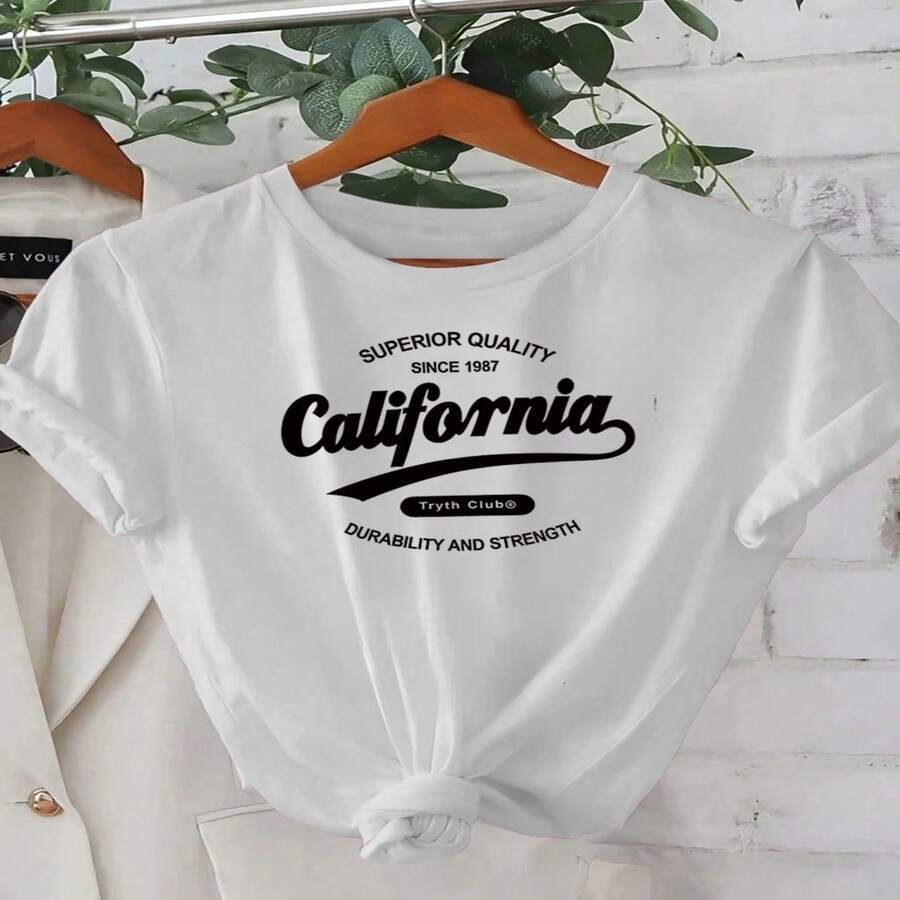 Camiseta Gráfica de California para Mujer | Cuello Redondo Casual, Manga Corta, Ligera, Lavable a Máquina, Tejido Brillante - Perfecta para Outfits de Primavera y Verano, Estilo Casual de Ropa de California S-XXXL - Blanco - Ver 1