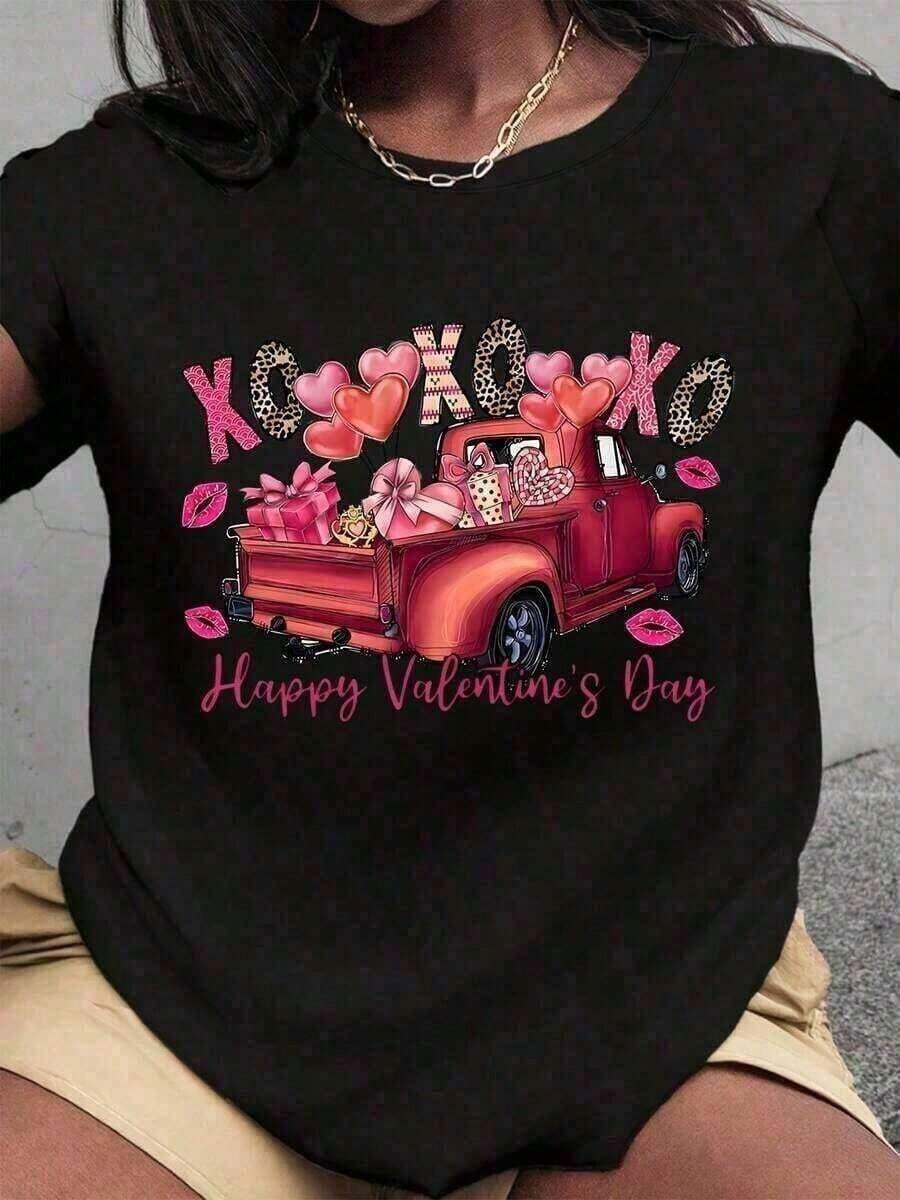 New Summer 2026 Collection: Romantic And Cute Women's T-Shirt With Sparkling Heart And XOXO Bow Design, Red Ribbon Detail, Western Style For Celebrations And Vacations. Graphic T-Shirts For Men And Women, Summer Clothes, Summer Tops, Casual Loose Short Sleeve Graphic T-Shirts, Cool Summer Clothes For Women. - 黑色 5 - 查看 1