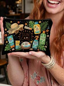 1 Printed Summer Sun Protection Cosmetic Bag Features The Word "SUN CARE" Along With Sun Protection Products And Tropical Patterns. - Multicolor - View 8