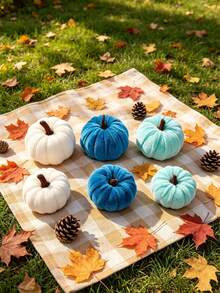 6pcs Artificial Velvet Pumpkin Decor Set, Faux Velvet Foam Pumpkin Decorations, Halloween Decor Realistic Pumpkin Ornaments Set, Soft Velvet Texture Autumn Farmhouse Harvest Mini Pumpkins, No Electricity Required Autumn Hanging Display Accessories, Fireplace Mantel Decor, Harvest Party, Birthday Gift, Autumn Decor, Halloween Decor - Blue Series - View 9