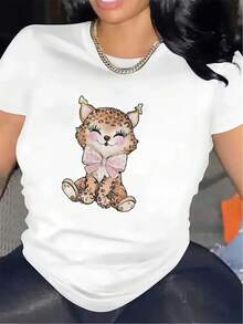 Women's Short-Sleeved T-Shirt With A Cute Cheetah Print And A Pink Bow, Made Of Durable Polyester Fabric, Suitable For Casual Wear At Home Or In Restaurants, With A Lightweight And Comfortable Design. - 白色 - 查看 1