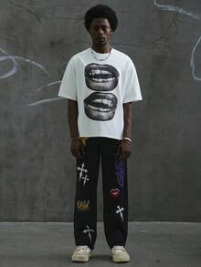 Manfinity  Camiseta de estilo callejero blanca de manga corta para hombre con estampado de boca en blanco y negro, adecuada para el verano, divertida, para salir - Blanco - Ver 12