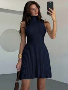 AYYAloruh Vestido de punto acanalado de línea A sin mangas con cuello mínimo para mujerAYY - Azul marino - Ver 7