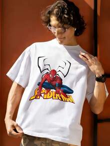 Spider Man Logo Design Print Graphic T Shirt 100 Percent Cotton Men's T Shirts MARVEL  Marvel Universe  Superhero Summer Outfits Men Mens Clothing Mens Tops Streetwear Mens Gift Ideas Innerwear Or Outfits,Mens Fashion - trắng - Xem 5