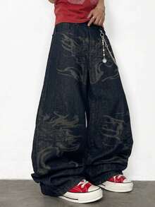 1pc Men's Retro Oversized Wide Leg Jeans, Gothic Style Graphic Print Casual Denim Pants - Black - View 1