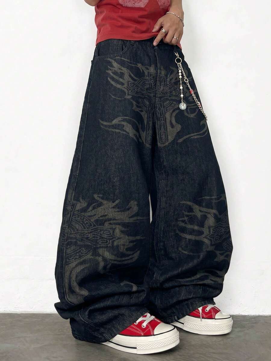 1pc Men's Retro Oversized Wide Leg Jeans, Gothic Style Graphic Print Casual Denim Pants - Black - View 1