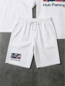 Huk Fishing Patriotic T-Shirt And Shorts Two-Piece Set, American Flag And Fish Pattern Set, American Outdoor Soft Cotton Clothing For Men And Women, A Gift For Fishing Enthusiasts, American Independence Day Fishing Apparel. - 白色 - 查看 3