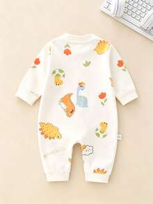 Newborn Baby Cute Cartoon Animal Print Front Button Romper, Infant Long Sleeve Jumpsuit, Suitable For Spring/Autumn Outdoor & Indoor Wear - Beige - View 2