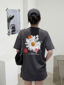 女士宽松圆领短袖字母花卉印花T恤，春夏休闲款 - 深灰色 - 查看 2