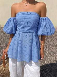 Blusa de encaje con un hombro descubierto y cintura, para verano - Blanco - Ver 11