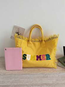 Canvas Tote Bag Large Capacity Handbag With Tassel Commuter Shoulder Bag - Multicolor - View 10