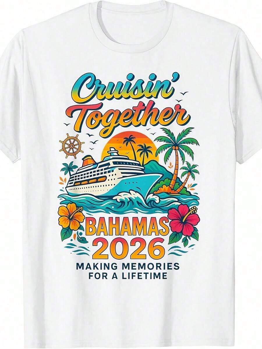 Cruising Together Bahamas 2026 White T-Shirt With Cruise Ship And Tropical Islands Design For Vacation, Travel And Souvenir Gift - 白色 - 查看 1