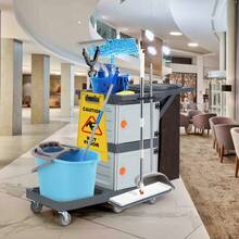 Carro de limpieza profesional comercial – 2 gabinetes, 3 estantes, bolsa de vinilo y tapa, ruedas resistentes – Ideal para hoteles, oficinas, apartamentos y mantenimiento - Armario doble con tapa para la basura. - Ver 3