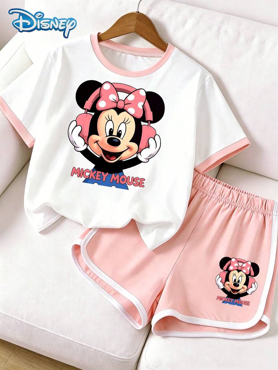 Disney T-Shirt套裝,夏季女童服飾,迪士尼鮮豔甜美風,圓領對比色耳機米妮鼠印花短袖T恤 + 運動短褲,休閒日常外出、度假、派對穿著,適合8歲以下女孩 - 粉色 - 查看 1