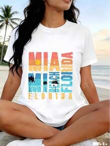 1 Piece Of White T-Shirt For Women With Miami Beach, Florida Print, Round Neck, Casual Cotton T-Shirt, Medium Elasticity Knit Fabric, Regular Fit For Ladies, For Spring/Summer/Autumn, 180g, 100% Cotton. - 白色 - 查看 1