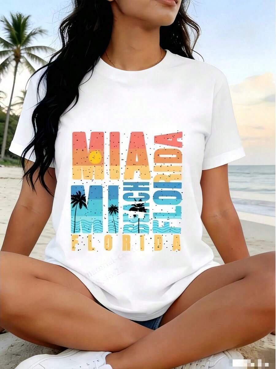 1 Piece Of White T-Shirt For Women With Miami Beach, Florida Print, Round Neck, Casual Cotton T-Shirt, Medium Elasticity Knit Fabric, Regular Fit For Ladies, For Spring/Summer/Autumn, 180g, 100% Cotton. - 白色 - 查看 1