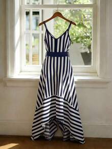 Nuevo vestido con tirantes finos y cintura ceñida a rayas para mujeres - azul real - Ver 2