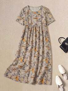 Vestido casual de mujer con estampado de plantas tropicales, cuello redondo y manga corta - Multicolor - Ver 1
