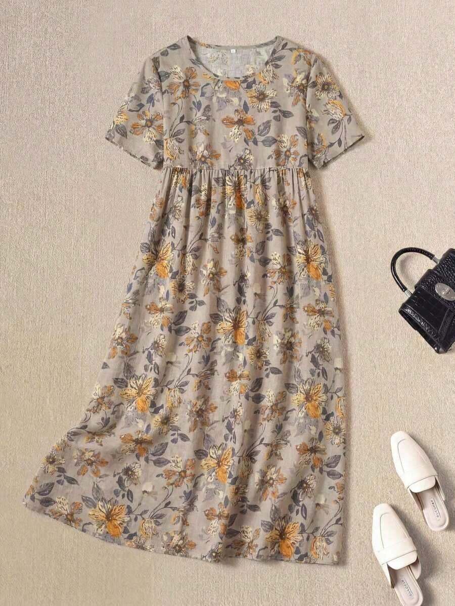 Vestido casual de mujer con estampado de plantas tropicales, cuello redondo y manga corta - Multicolor - Ver 1