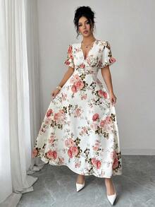 Vestido de mujer con estampado floral, cuello en V profundo, manga corta fruncida - Multicolor - Ver 6