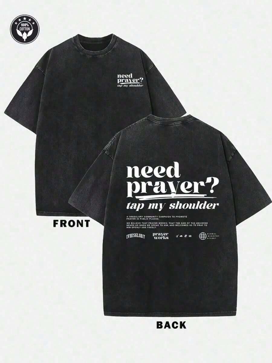 1 Piece, 230G, Double Sided Washed, Printed T-Shirt With The Phrase 'Need To Pray Lightly Tap My Shoulder', High Quality Cotton T-Shirt With Wax Print, Retro Style, Fashion Brand, With A Suitable Thickness For Summer T-Shirts, Holiday Gift. - 黑色 - 查看 1