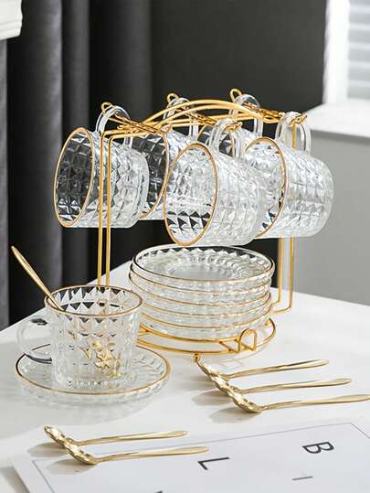 18pcs European Style Glass Coffee Cup & Saucer Set, Luxury Gold Rim Afternoon Tea Cup, High-Quality Hammered Glass Coffee Cup & Saucer Set, Heat-Resistant Transparent Water Cup, Ideal For Office, Home Use, And Gift-Giving (6pcs Coffee Cups + 6pcs Saucers + 6pcs Coffee Spoons)