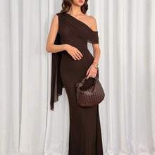 . .  Tall Vestido asimétrico de hombro sólido y elegante para mujer, vestidos elegantes para mujer, vestido de graduación, vestido de invitada de boda de otoño, vestido de invitada de boda para mujer - Marrón - Ver 9