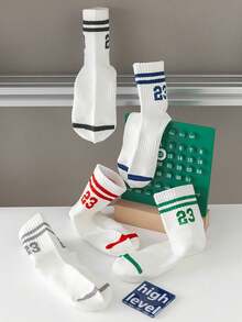 5 Pairs Kids' Numeric Striped Minimalist Mid-Calf Socks, Suitable For Students Everyday Casual Wear, All Seasons - Multicolor - View 3