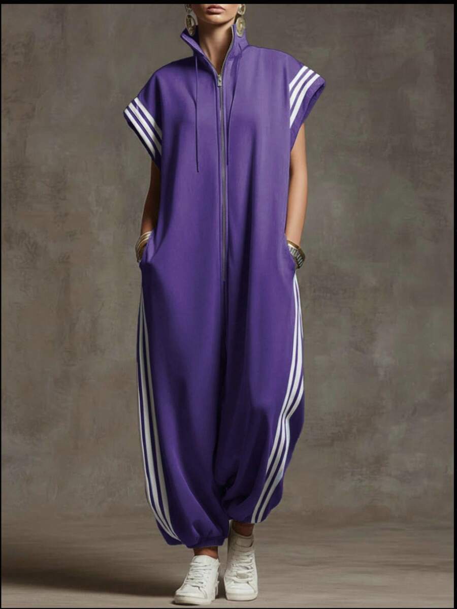 Mono a rayas con cuello alto y cremallera diseño combinado de colores - Morado - Ver 1