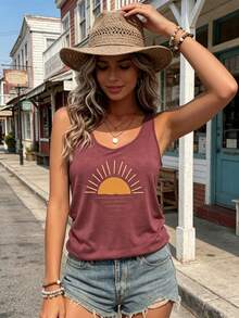 Women's Sunset Print Round Neck Casual Tank Top, Summer Summer Rose Red Sleeveless Vest - Màu Hồng Tươi - Xem 2