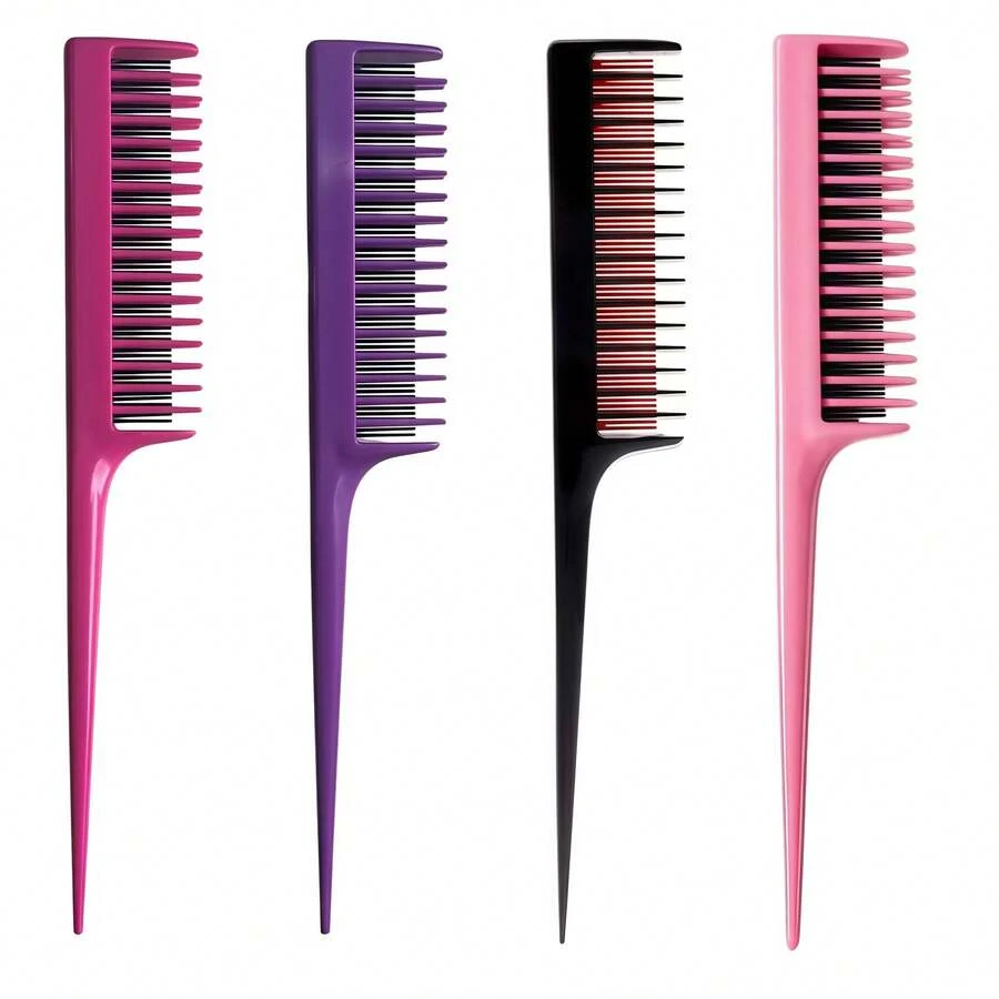 1pc Women Multi-Color Three-Row Teasing Comb, ABS Plastic Rat Tail Comb For Backcombing & Volumizing, Professional Fluffy Hair Styling Comb For Salon, Home & Daily Use - Multicolor - View 1