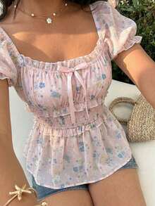 Blusa de mujer de gasa con estampado floral diminuto, con lazo en la cintura, decoración de moño, cuello cuadrado, mangas abullonadas, casual, para vacaciones, uso diario, fiesta, primavera/verano - Rosa Pálido - Ver 5