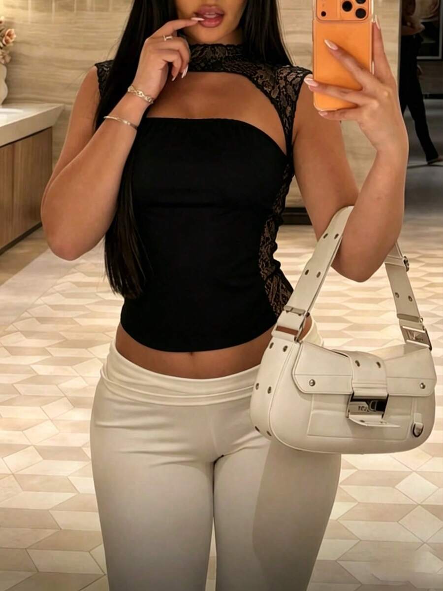 女款夏季蕾絲束腰上衣 情人節短袖上衣 波多黎各度假風 黑色 - 黑色 - 查看 1