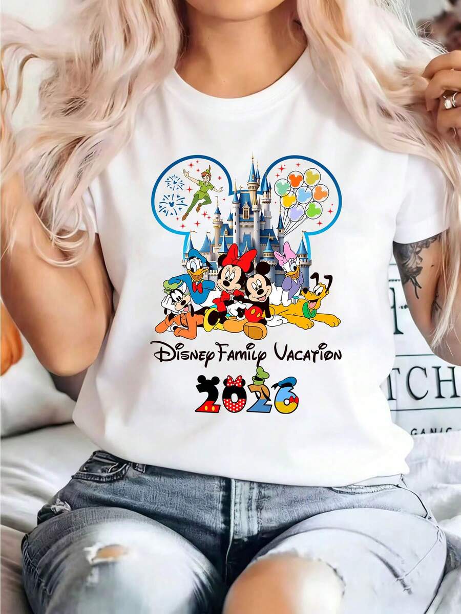 Disney Licensed, Best-Selling Women's Print: Minnie Mouse Head, Diamond Sparkle, Bow, Fashionable And Cute Printed Short-Sleeved Crew Neck T-Shirt. Crew Neck, Casual, Comfortable, Stylish, And Versatile, Suitable For Spring, Summer, And Autumn. Optimistic Design, Elastic Fabric. - trắng - Xem 1