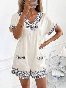 Clasi Mono informal con cuello en V, estampado floral verde y pliegues para mujer - Multicolor 2 - Ver 6