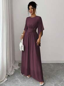 Vestido midi asimétrico con cintura elástica, cuello redondo, hebilla metálica en la cintura y falda acampanada, en color rosa sólido, para mujer, ideal para primavera/verano, ocasiones casuales, de vacaciones, tardes de té, San Valentín, bodas y fiestas, con estilo romántico francés y elegante de Sicilia - Granada - Ver 7