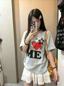 Made In Japan, Spring/Summer Cotton, Round Neck, Loose Fit, Versatile, Simple, English Print Short-Sleeve T-Shirt - 淺灰色 - 查看 2