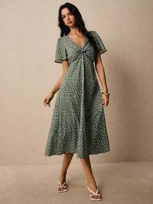 Vestido De Estampado Floral Para Mujer Con Nudo Retorcido Y Abertura Lateral - verde menta - Ver 12