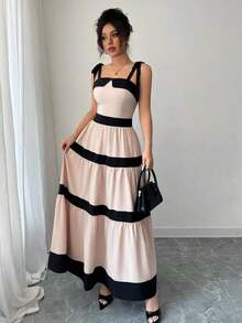 Vestido deslizante de línea A con empalmado de color de contraste, sin mangas, con lazo a la cintura, elegante y de moda, apto para uso diario, casual y vacaciones - Albaricoque - Ver 1