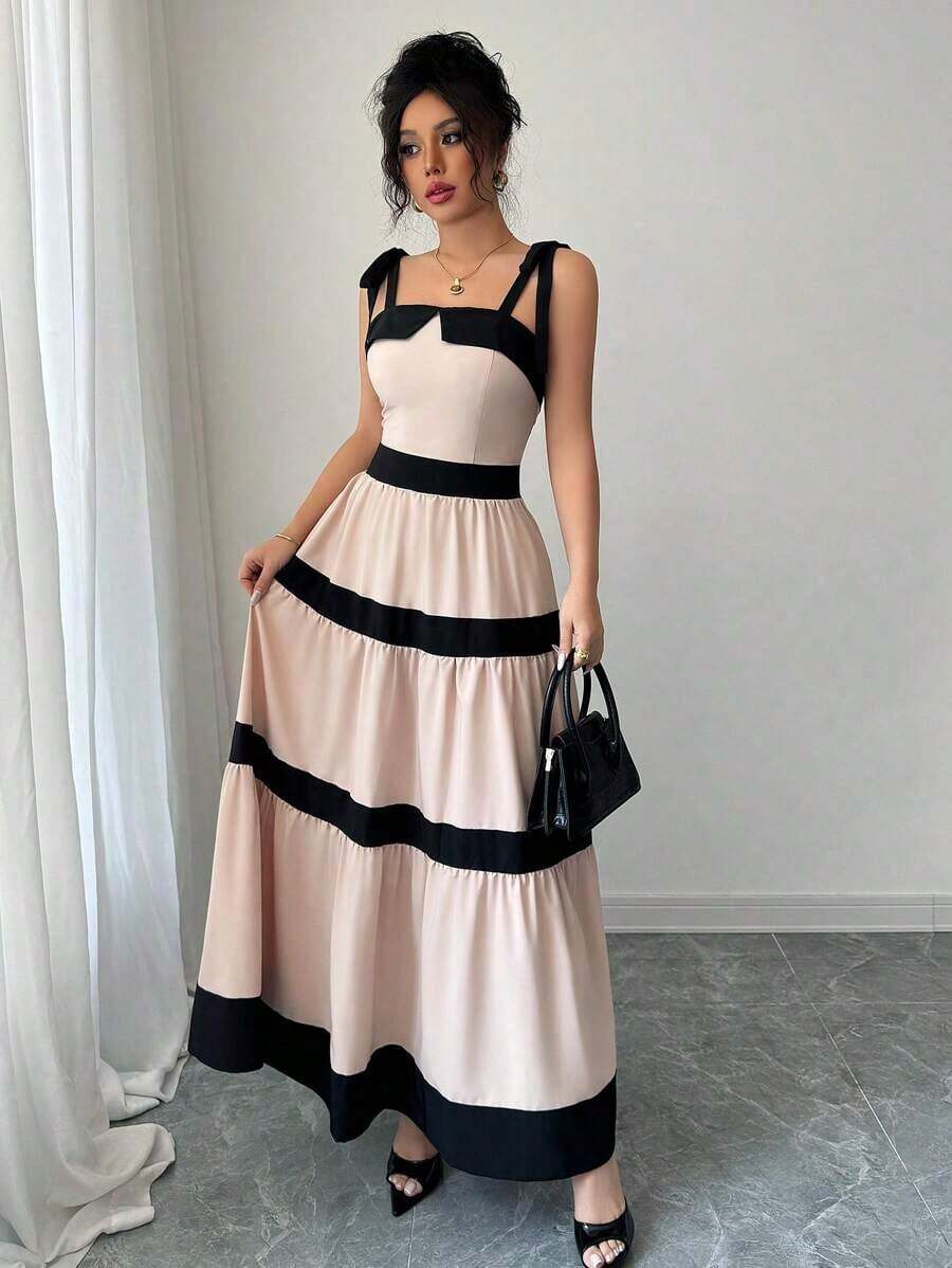 Vestido deslizante de línea A con empalmado de color de contraste, sin mangas, con lazo a la cintura, elegante y de moda, apto para uso diario, casual y vacaciones - Albaricoque - Ver 1