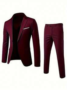 Men's 2-Piece Suit, Includes Jacket And Trousers, Elegant Formal Attire, Ideal For Parties, Meetings And Weddings - 酒紅色 - 查看 2