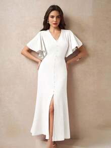 Vestido de verano de longitud de muslo con abertura, frente con botones y mangas mariposa elegante para mujer - Blanco - Ver 5