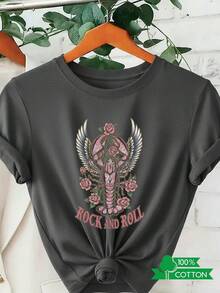 New 2026 Collection: Cotton T-Shirt With Anime Letter Print, Women's Round Neck T-Shirt With Simple Design, Comfortable And Breathable, Suitable For Casual Daily Wear, Showing A Natural And Elegant Style, A Must-Have For Summer Parties, Local Shipping, Lightweight Cotton Lobster Wings. - 白色 - 查看 9