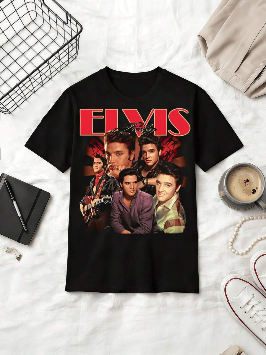 Retro Multi-Cut Collage Graphic Summer Cotton Casual Short Sleeve T-Shirt - Black - View 1