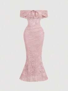 xheSHEIN MOD Elegante vestido de fiesta de cola de sirena en color burdeos con textura y hombros descubiertosxhe - Rosa - Ver 3