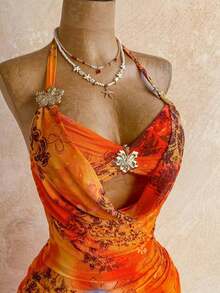 Vestido de mujer sexy y romántico para vacaciones con escote halter, atado, parches, decoración floral metálica y escote pronunciado, adecuado para la playa, cruceros, vacaciones en la ciudad, citas, festivales de música, estilo bohemio - Multicolor - Ver 6